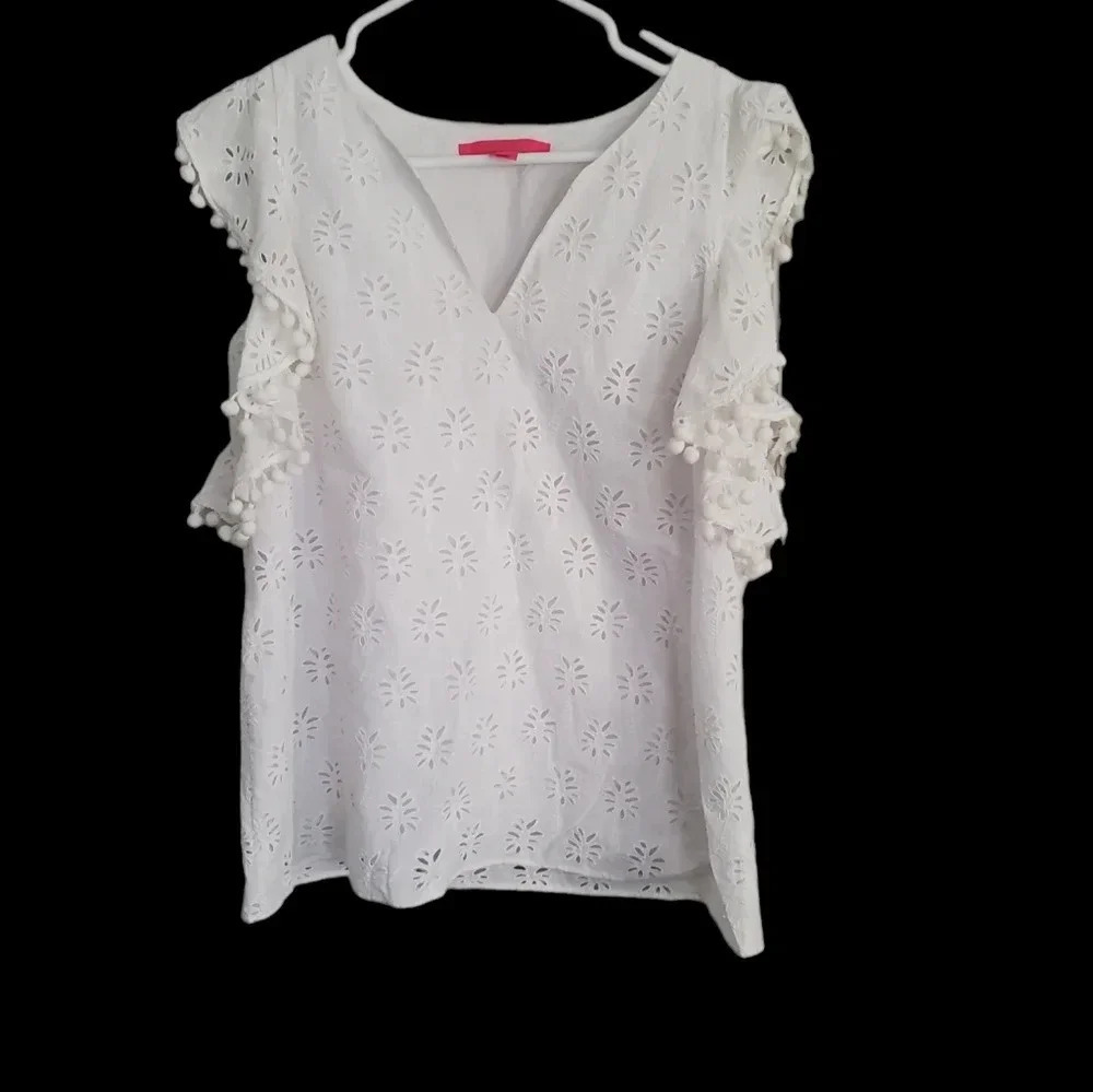 LILLY PULITZER ASTARA PALM TREE EYELET BLOUSE, SIZE SMALL